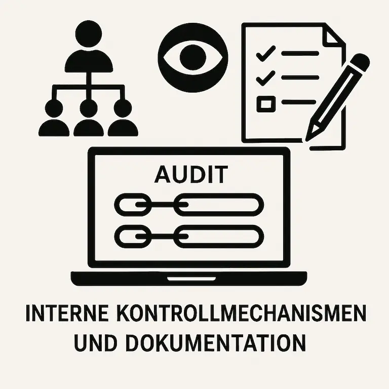 Grafik eines Laptops vor grauem Hintergrund mit Symbolen für Audit, Dokumentation und Kontrollmechanismen; der Begriff „Hyperlink“ ist als zentrales Element auf dem Bildschirm hervorgehoben