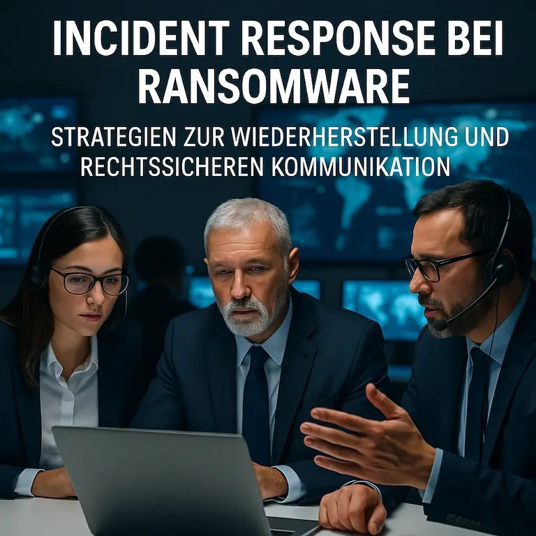 Drei professionelle IT-Sicherheitsexperten und Juristen analysieren gemeinsam einen Vorfallbericht in einem modernen Büro, Symbol für effektive Incident Response bei Ransomware.