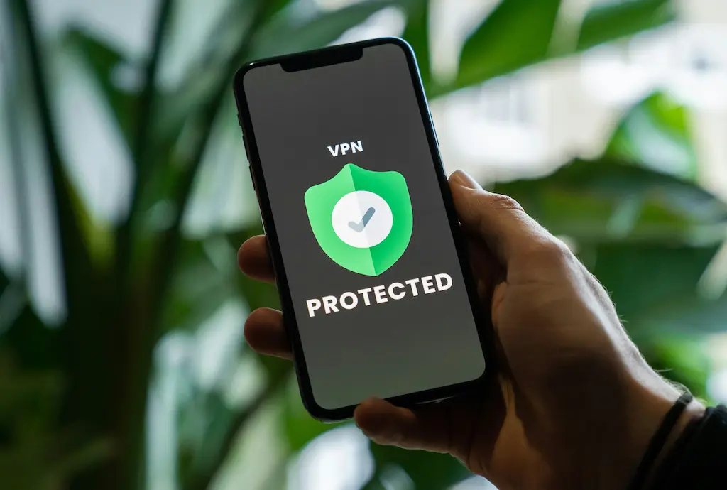 Smartphone mit der Anzeige „VPN Protected“ und einem Sicherheitsschlüssel-Symbol – Darstellung von Verschlüsselung, Datenschutz und IT-Sicherheitsmaßnahmen.