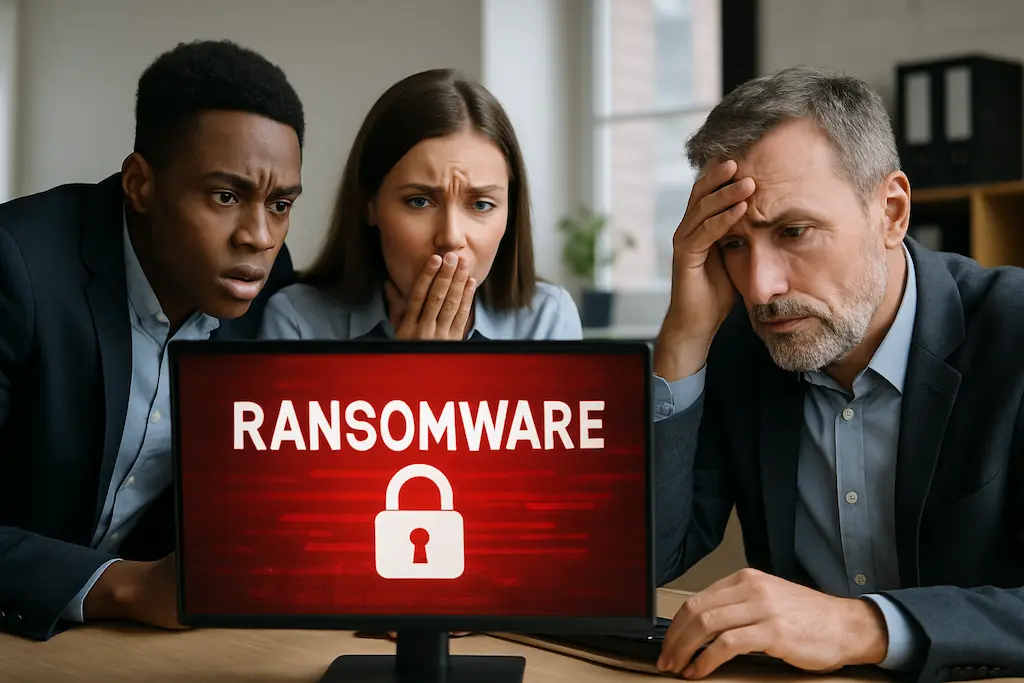 Drei Personen stehen in einem Büro und blicken besorgt auf den Bildschirm eines Computers, der eine Infektion mit der Schadsoftware Ransomware anzeigt.