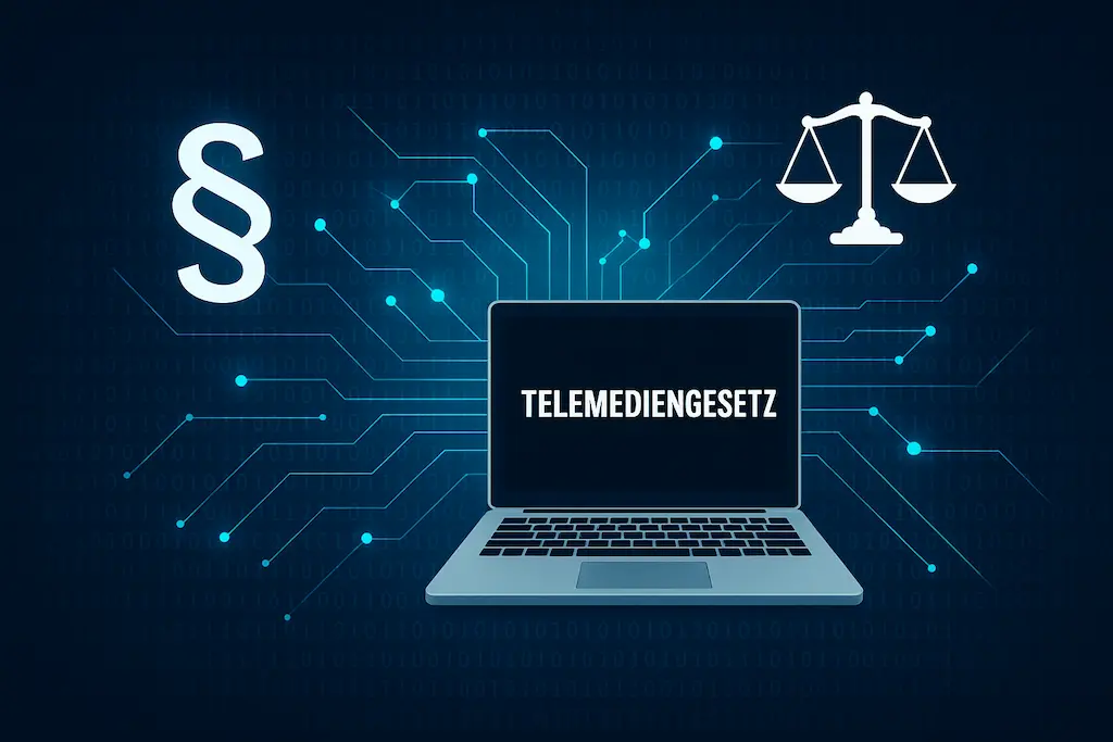 Laptop-Bildschirm mit dem Schriftzug ‚Telemediengesetz‘ und zwei Rechtssymbolen oben, die rechtliche Aspekte in Bezug auf Hyperlinks symbolisieren.