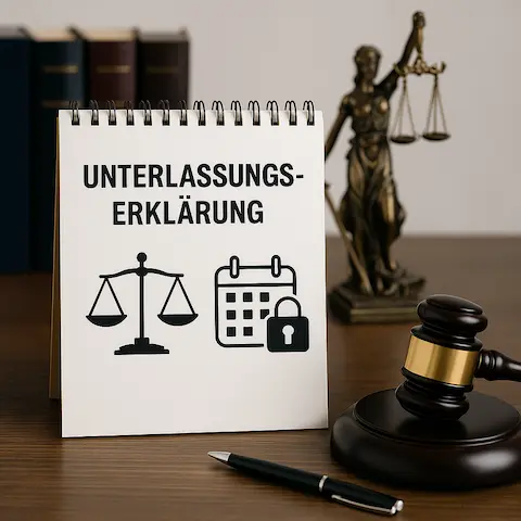 Notizblock mit dem Schriftzug ‚Unterlassungserklärung‘, daneben Symbole für Justiz (Waage), Kalender und Schloss; im Hintergrund eine Justitia-Figur, Gesetzbücher und ein Richterhammer – Darstellung rechtlicher Verbindlichkeit im Wettbewerbsrecht.